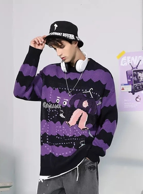 GENANX闪电潮牌条纹提花毛衣男黑紫色条纹设计圆领套头内搭针织衫
