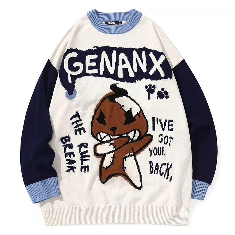 正品闪电潮牌genanx拼色卡通字母提花圆领套头毛衣 男女同款 杏色