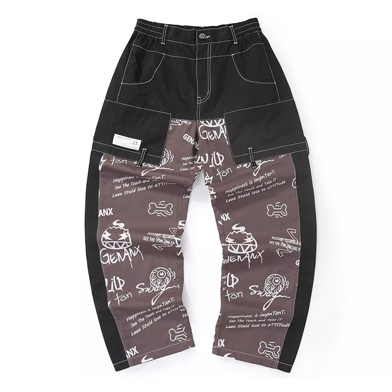 GENANX原创设计拼接长裤男嘻哈涂鸦印花纯棉休闲裤直筒男生裤子
