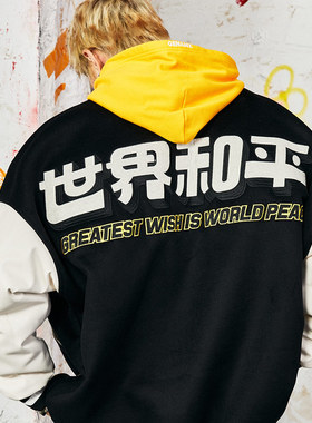 GENANX闪电潮牌棒球服2024秋冬新款夹克黑白色世界和平印花外套男