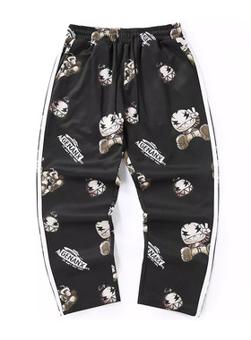 GENANX闪电潮牌黑色长裤logo原创设计满印侧条纹修身休闲运动裤男