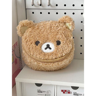 卡通可爱呆萌羊羔绒小熊头椭圆立体化妆包便携收纳洗漱包