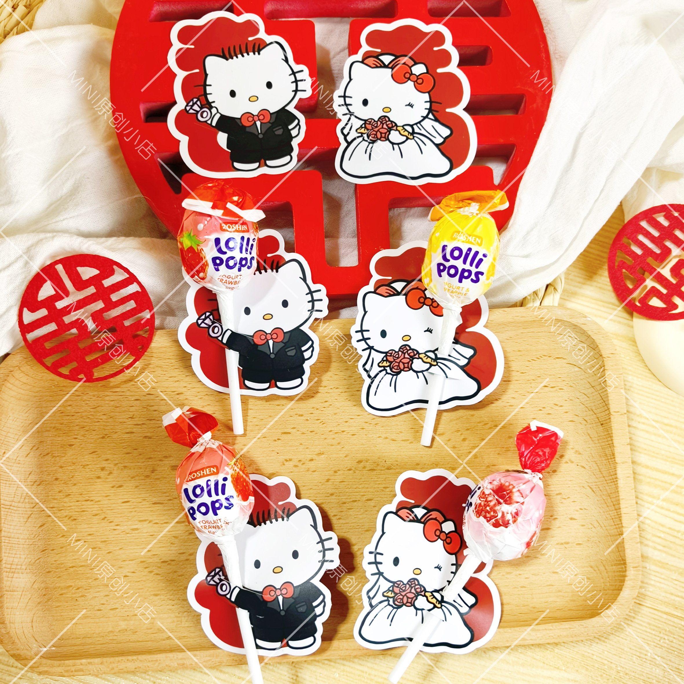 hellokitty婚礼喜字棒棒糖卡纸拍照装饰结婚喜糖袋装卡片糖果插卡
