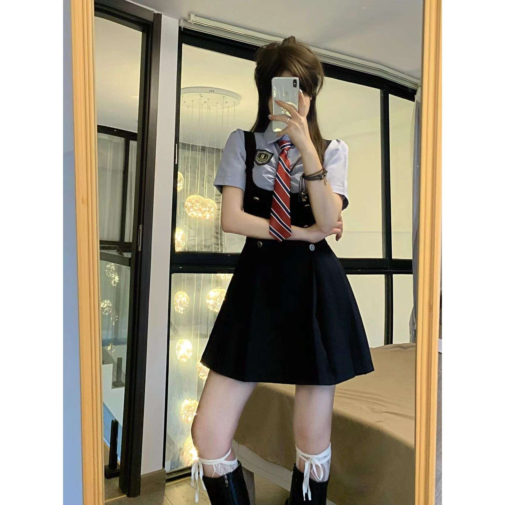 新款新款 江原女高jk制服学院风显瘦收腰短袖衬衫绀色连衣裙套装