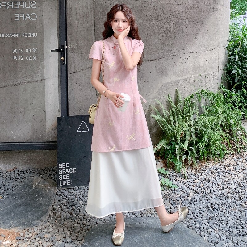 新款现货！夏改良版宽松刺绣旗袍叠穿不规则连衣裙 X001 P155K208