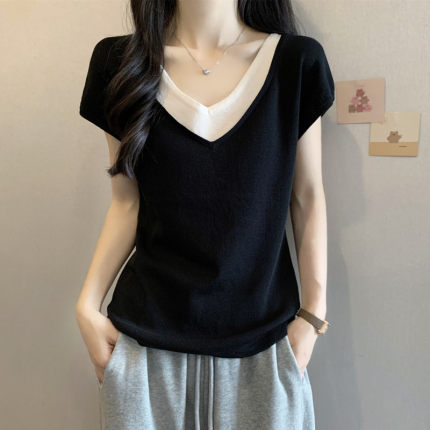 新款 胖妹妹夏装大码女装2025年新款假两件短袖T恤飞飞袖冰丝上衣