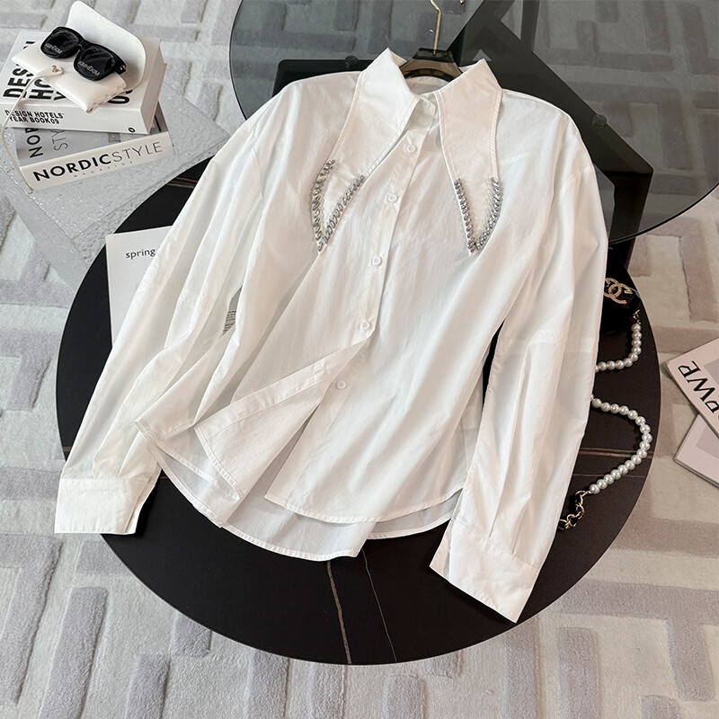 韩版时尚女装春季新款休闲气质百搭镶钻纯色宽松显瘦中长款衬衣潮