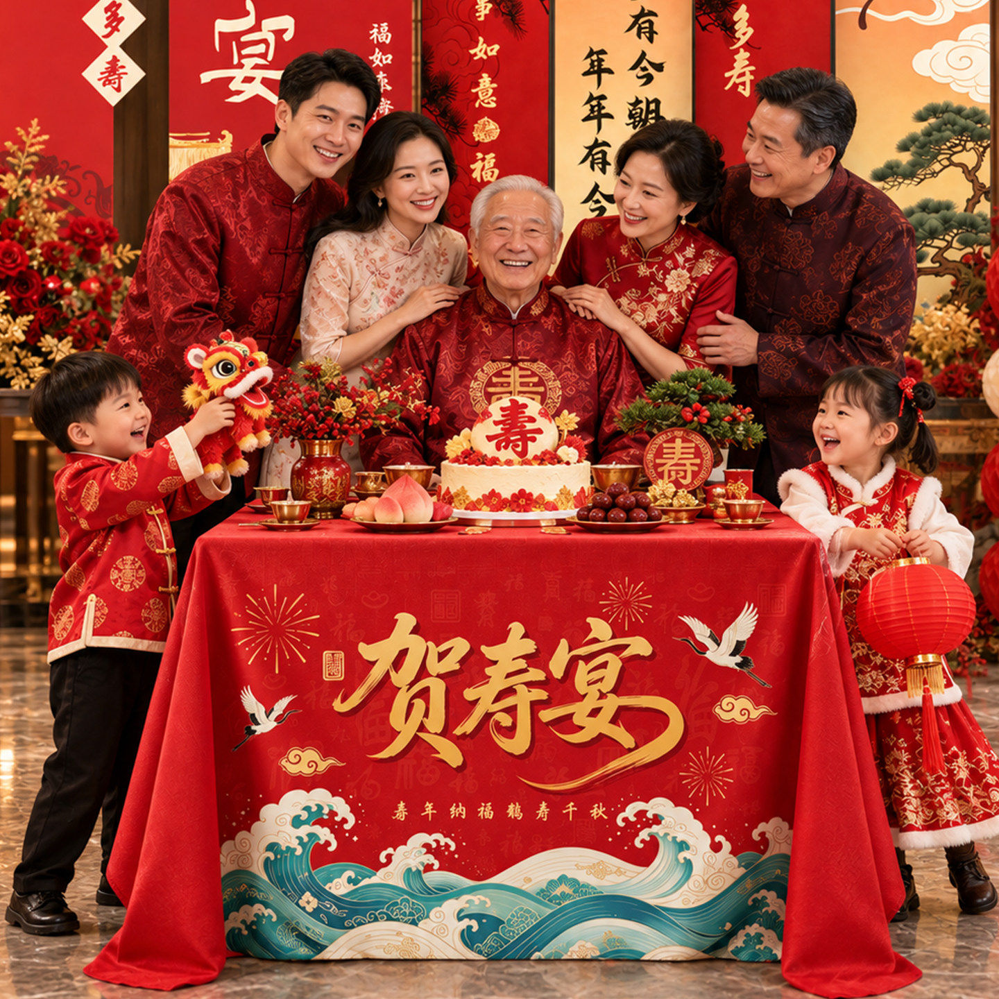 老人寿宴场景布置过80大寿六十长辈生日装饰寿字国风桌布氛围道具
