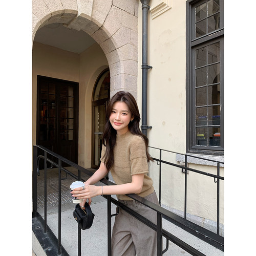 韩系圆领正肩短袖针织衫宽松上衣