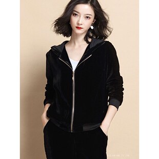 复古黑色金丝绒衬衫女春秋新款时尚拼接立领长袖宽松洋气国风上衣