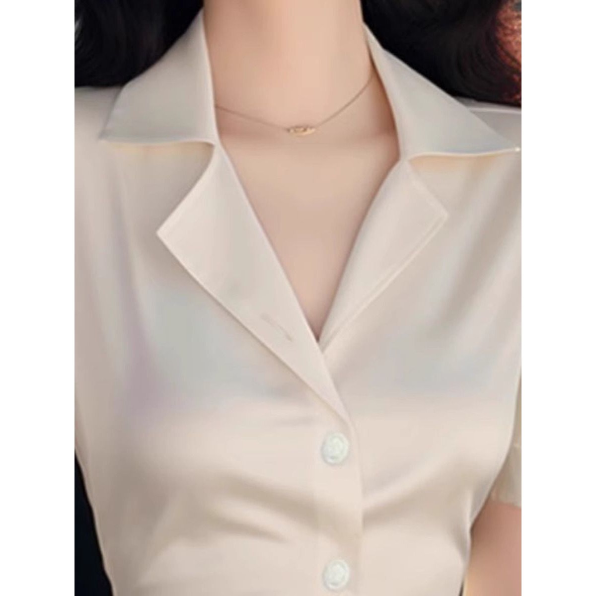 法式缎面白色短袖衬衫2031