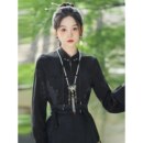 长袖 女装 古风立领对襟国风黑色汉服衬衣搭配马面裙上衣 衬衫 新中式