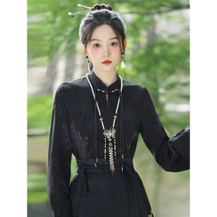 古风立领对襟国风黑色汉服衬衣搭配马面裙上衣 新中式 衬衫 女装 长袖