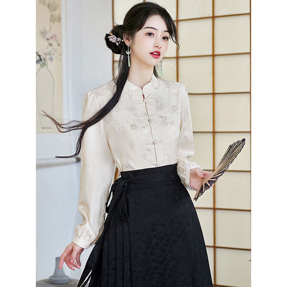 新中式长袖衬衫女国风纯色1141