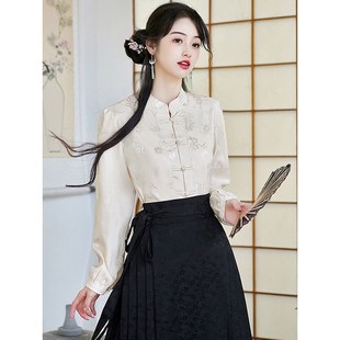 新中式长袖衬衫女国风纯色搭配马面裙的上衣秋冬日常通勤衬衣春秋