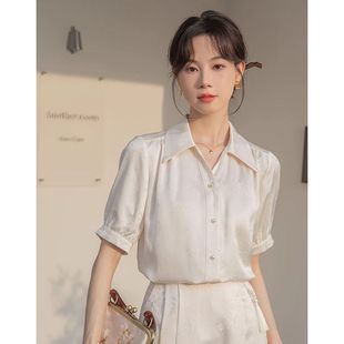 缎面提花浅杏衬衫 衬衣搭配马面裙上衣 女夏季 2025复古国风V领短袖