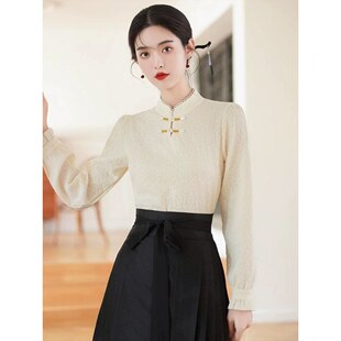 搭配马面裙的衬衫春季新中式国风盘扣汉元素长袖立领对襟上衣女装