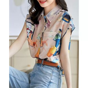 复古印花无袖衬衫女2025夏季新款宽松洋气薄款翻领短袖衬衣雪纺衫