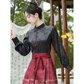 搭配马面裙 女 衬衫 复古上衣春秋新中式 国风黑色提花缎面立领长袖