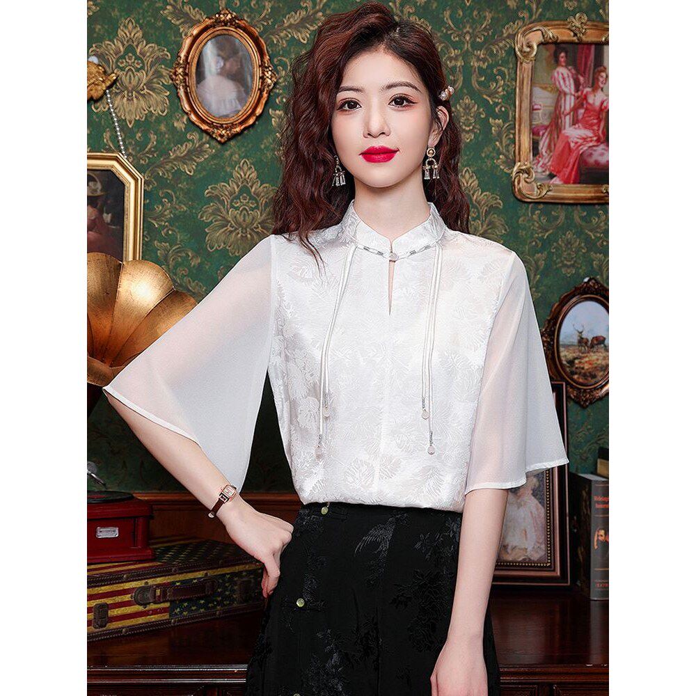 新中式上衣配马面裙短袖雪纺衫2024新款夏季白色立领衬衫国风女装