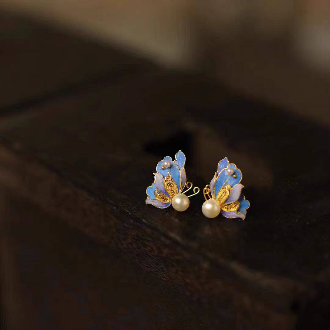 厂家直供珠宝首饰银鎏金花丝珐琅简约蝴蝶耳钉非遗匠心纯手工