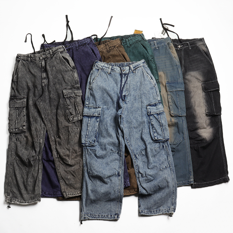 水洗做旧纯棉多口袋可束脚直筒裤