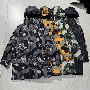 量不多！冬季迷彩中长款双开拉链头宽松休闲保暖连帽棉服外套男