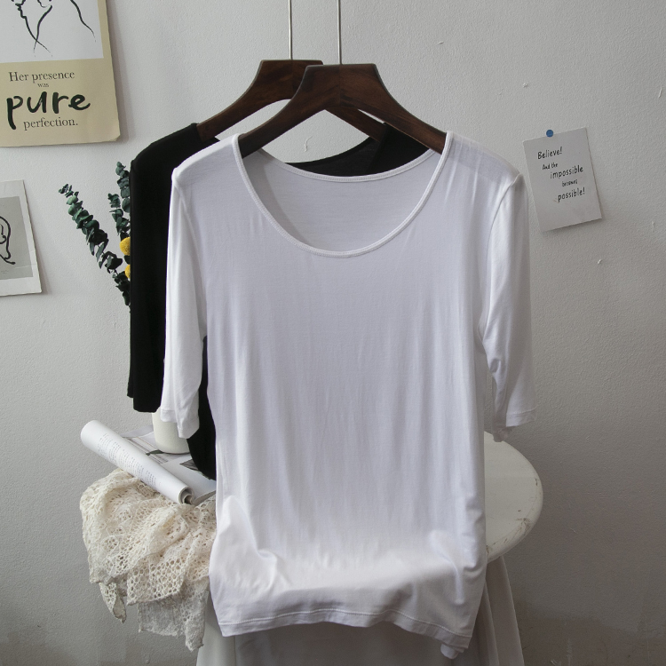 莫代尔中袖t恤打底衫女大圆领修身半袖紧身短袖黑色内搭上衣薄款