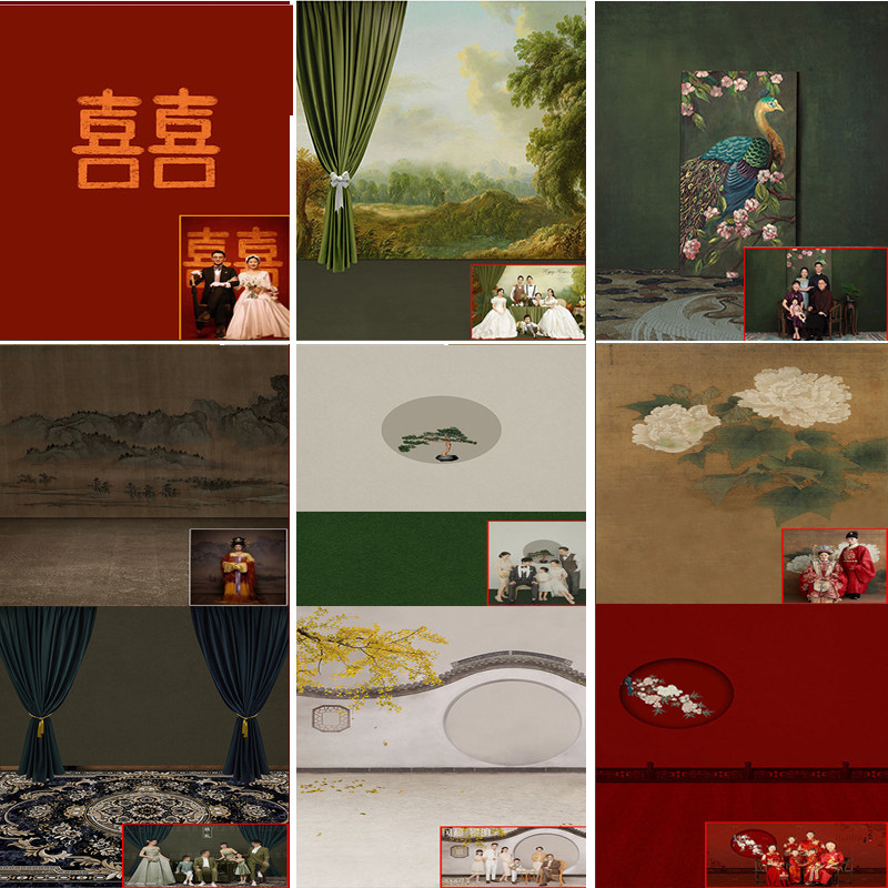 新款春节全家福摄影背景布中式明制汉服婚纱照民国复古拍照背景纸