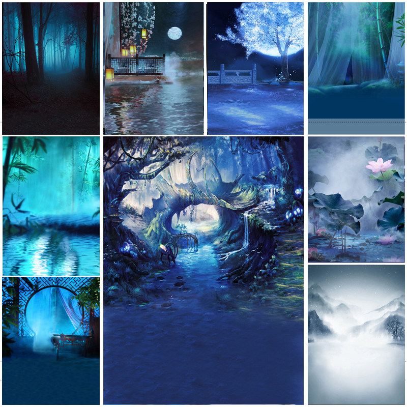 影楼古装拍照背景古风摄影主题背景布 儿童背景 梦幻蓝色荷花森林