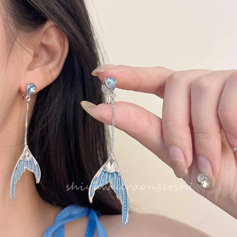 长款美人鱼蓝色鱼尾耳环个性高级感气质时尚小众蚊香盘耳夹无耳洞,饰品/流行首饰/时尚饰品新,耳夹,淘宝优惠券,粉丝福利购,淘宝优惠卷