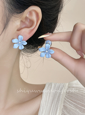度假风蓝色花朵耳钉女小清新森系小众时尚气质蚊香盘无耳洞耳夹女