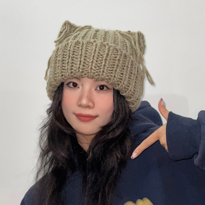 秋冬休闲百搭加厚可爱猫耳毛线帽