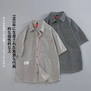 美式复古格子衬衫男士工装短袖韩版潮流条纹外套休闲衬衣宽松潮牌
