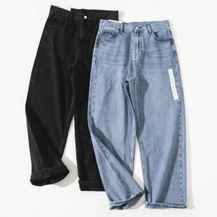 日系复古潮牌纯棉水洗柔软宽松工装 潮 休闲阔腿直筒男女牛仔裤