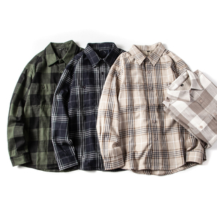 衬衫 竹节棉翻领宽松格子长袖 薄外套 男女情侣款 日系复古秋季