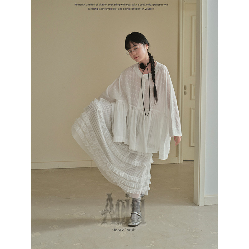 Aoioi日系少女立体波点长袖娃娃裙女春夏宽松显瘦中长款连衣裙子