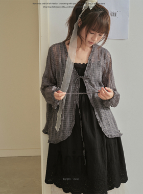 Aoioi日系少女木耳边系带格子罩衫女春夏宽松显瘦慵懒防晒上衣