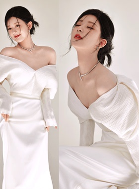 赵露思白色拖尾裙高端轻奢露肩长袖主持人宴会晚礼服缎面新娘婚纱