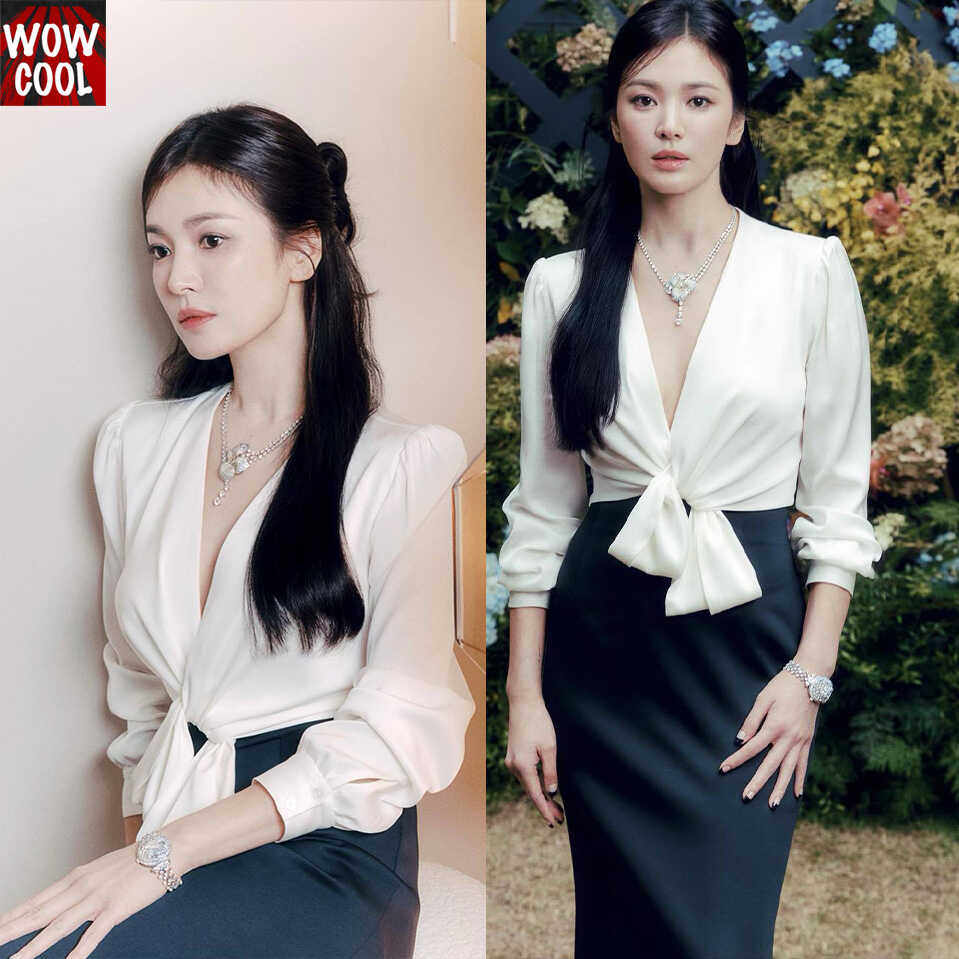 宋慧乔同款醋酸丝质女装2024春夏白色衬衫黑色半身裙优雅气质