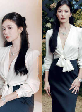 宋慧乔同款醋酸丝质女装2024春夏白色衬衫黑色半身裙优雅气质