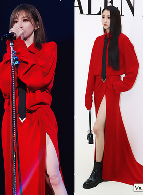 王心凌，关晓彤同款红色衬衫连衣裙2024春秋新款女装宽松长款高开