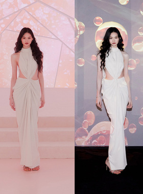 刘恋同款白色礼服 贺聪露腰连衣裙挂脖抽褶皱希腊女神范儿红毯裙