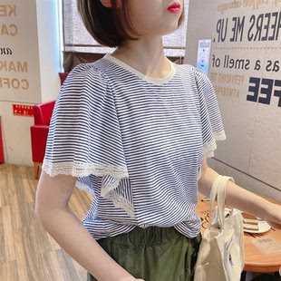 女装夏季2025年新款甜美显瘦经典细横条纹蕾丝花边荷叶袖短袖T恤