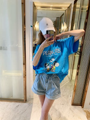 蓝色可爱卡通图案印花休闲减龄T