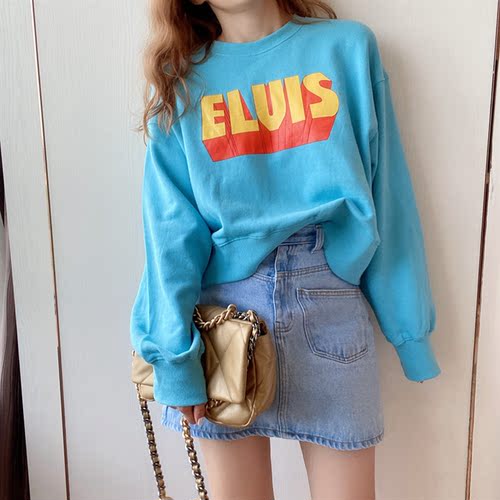 显白蓝色后系带设计感圆领卫衣女