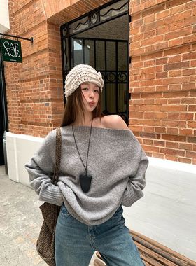 诠释美 NEWOPEN 2024秋季日韩休闲慵懒风马卡龙色斜肩毛衣女F2295
