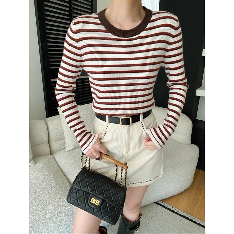 司南 早春新款 法式复古撞色条约圆领修身显瘦打底针织衫 SN8572,女装/女士精品,毛针织衫,淘宝优惠券,粉丝福利购,淘宝优惠卷