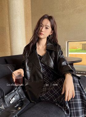 LS述致 复古气质小众设计感黑色皮衣外套2025早秋新款女装 61080#