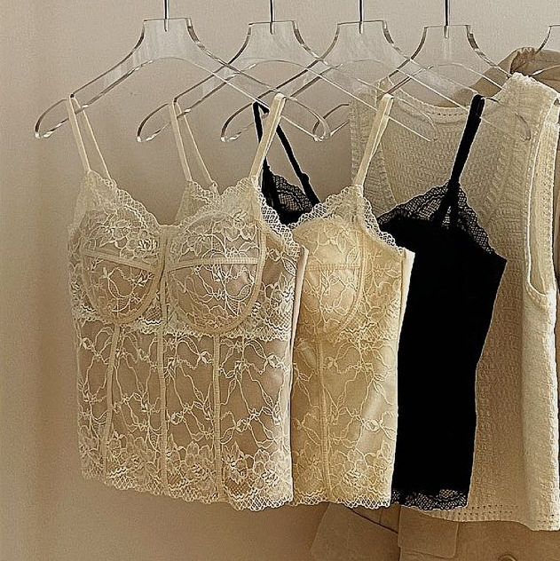 早春马甲线蕾丝美背细吊带内衣女薄款小胸聚拢带胸垫内搭背心文胸